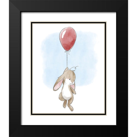 Little Bunny and Balloon Black Modern Wood Framed Art Print with Double Matting by Circle Kids