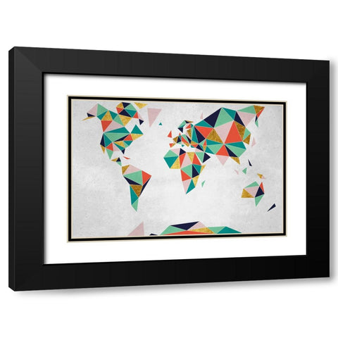 Geometric World Map Black Modern Wood Framed Art Print with Double Matting by Inner Circle