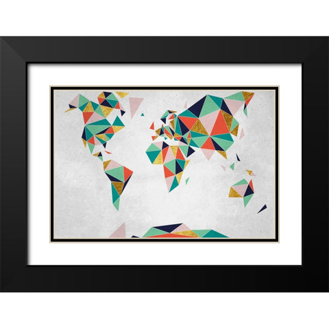 Geometric World Map Black Modern Wood Framed Art Print with Double Matting by Inner Circle