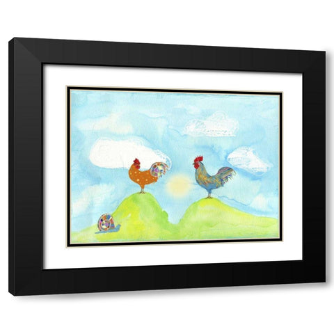 Hilltop Roosters Black Modern Wood Framed Art Print with Double Matting by Blixt, Ingrid