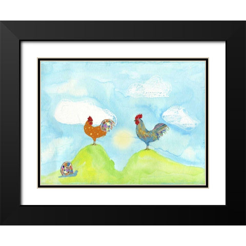 Hilltop Roosters Black Modern Wood Framed Art Print with Double Matting by Blixt, Ingrid