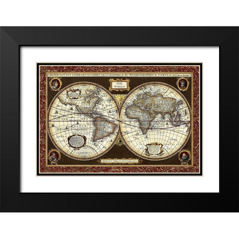 Decorative World Map Black Modern Wood Framed Art Print with Double Matting by Vision Studio