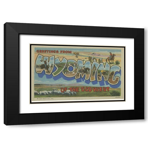 Greetings from Wyoming Black Modern Wood Framed Art Print with Double Matting by Unknown