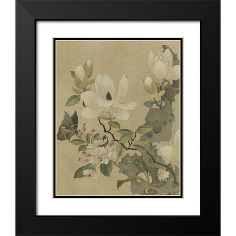 Magnolia and Butterfly Black Modern Wood Framed Art Print with Double Matting by Unknown