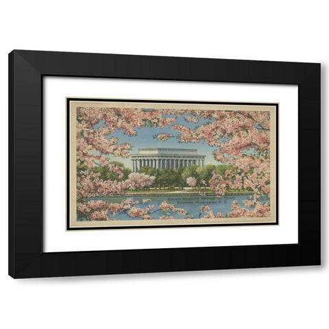 Lincoln Memorial and Cherry Blossoms Black Modern Wood Framed Art Print with Double Matting by Unknown