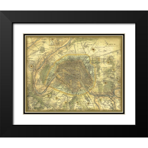 Map of Paris Black Modern Wood Framed Art Print with Double Matting by Vision Studio