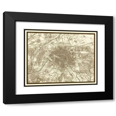 Sepia Map of Paris Black Modern Wood Framed Art Print with Double Matting by Vision Studio