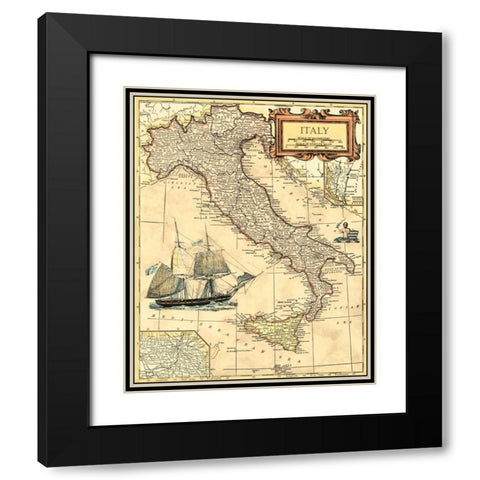 Italy Map Black Modern Wood Framed Art Print with Double Matting by Vision Studio