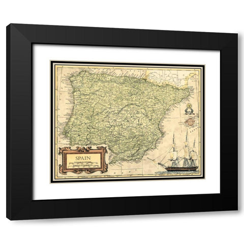 Spain Map Black Modern Wood Framed Art Print with Double Matting by Vision Studio