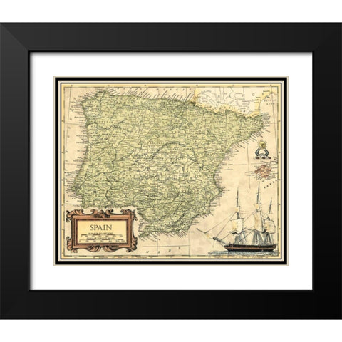 Spain Map Black Modern Wood Framed Art Print with Double Matting by Vision Studio