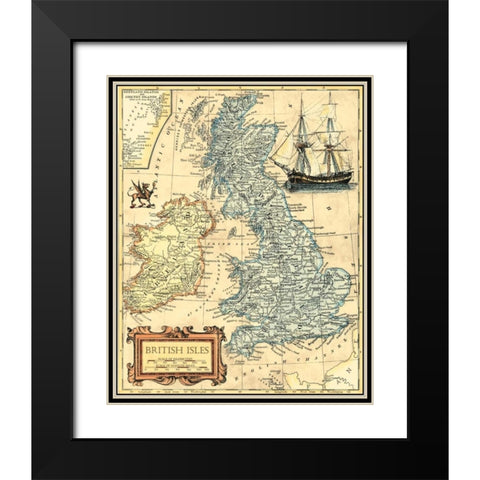 British Isles Map Black Modern Wood Framed Art Print with Double Matting by Vision Studio