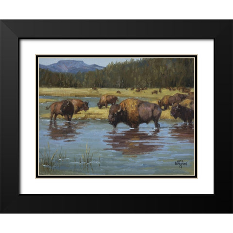 Buffalo Crossing Black Modern Wood Framed Art Print with Double Matting by Sorenson, Jack