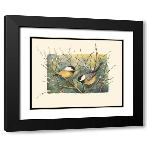 Chickadees and Pussy Willow Black Modern Wood Framed Art Print with Double Matting by Mandel, Janet