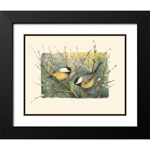 Chickadees and Pussy Willow Black Modern Wood Framed Art Print with Double Matting by Mandel, Janet