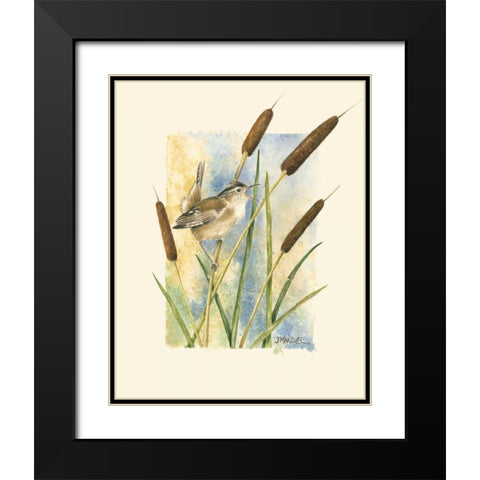Marsh Wren and Cattails Black Modern Wood Framed Art Print with Double Matting by Mandel, Janet