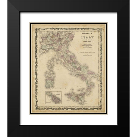 Johnsons Map of Italy Black Modern Wood Framed Art Print with Double Matting by Johnson