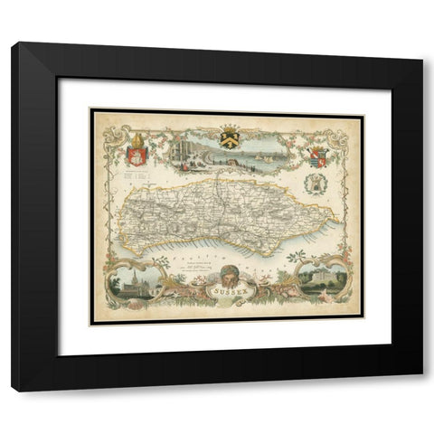 Map of Sussex Black Modern Wood Framed Art Print with Double Matting by Unknown