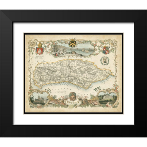 Map of Sussex Black Modern Wood Framed Art Print with Double Matting by Unknown