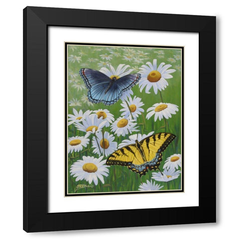 Butterflies and Daisies Black Modern Wood Framed Art Print with Double Matting by Szatkowski, Fred