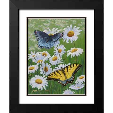 Butterflies and Daisies Black Modern Wood Framed Art Print with Double Matting by Szatkowski, Fred