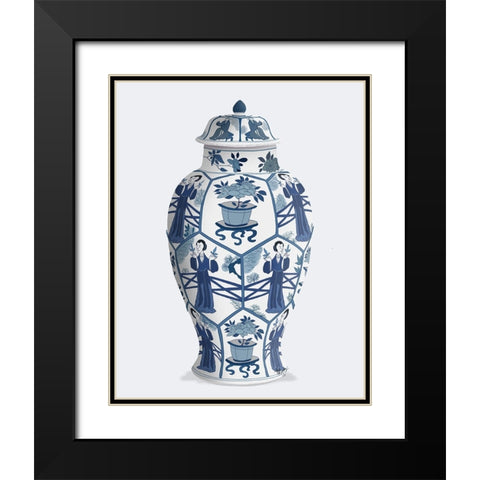 Chinoiserie Vase Leaf Picker Blue Black Modern Wood Framed Art Print with Double Matting by Fab Funky