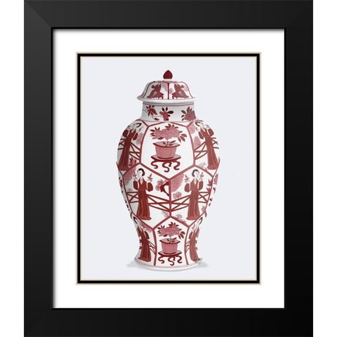 Chinoiserie Vase Leaf Picker Red Black Modern Wood Framed Art Print with Double Matting by Fab Funky