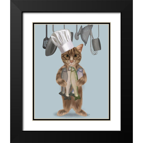 Tabby Cat Fish Chef Black Modern Wood Framed Art Print with Double Matting by Fab Funky