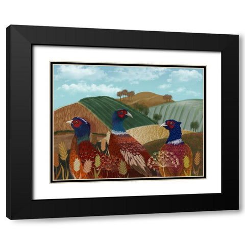 Pheasant Trio in Field Black Modern Wood Framed Art Print with Double Matting by Fab Funky