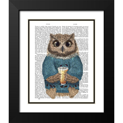 Latte Owl in Sweater Black Modern Wood Framed Art Print with Double Matting by Fab Funky