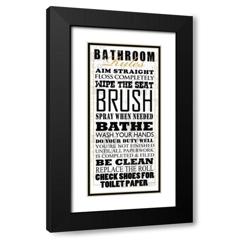 Bathroom Rules - White Black Modern Wood Framed Art Print with Double Matting by Baldwin, Jim