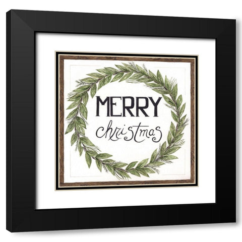 Merry Christmas Wreath Black Modern Wood Framed Art Print with Double Matting by Shamp, Cindy