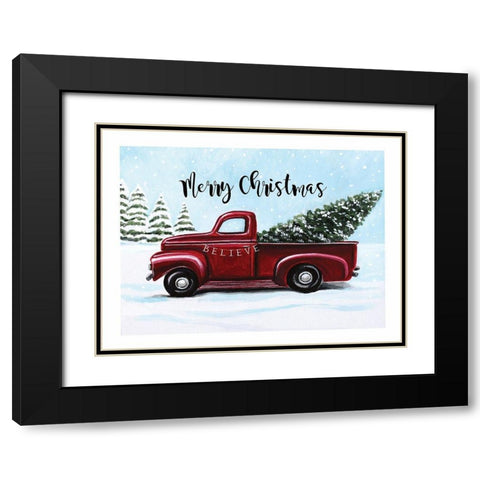 Merry Christmas - Red Truck Black Modern Wood Framed Art Print with Double Matting by Tyndall, Elizabeth