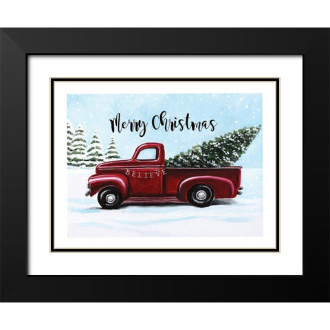 Merry Christmas - Red Truck Black Modern Wood Framed Art Print with Double Matting by Tyndall, Elizabeth