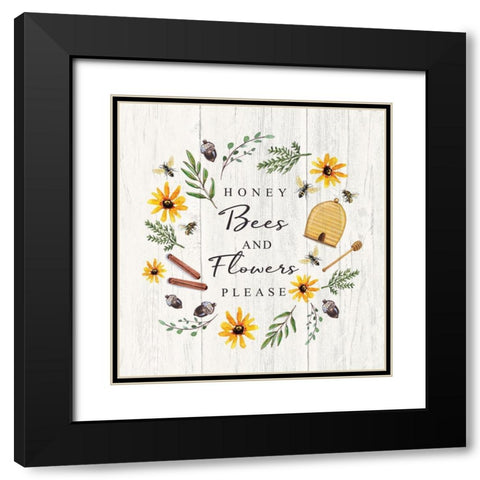 Honey Bees and Flowers Please Black Modern Wood Framed Art Print with Double Matting by Tyndall, Elizabeth