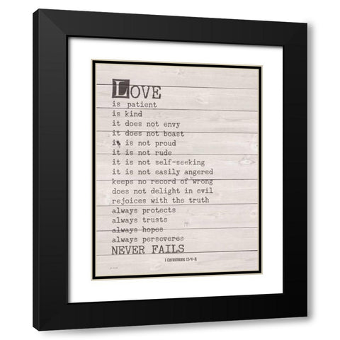 Love Never Fails Black Modern Wood Framed Art Print with Double Matting by Moulton, Jo