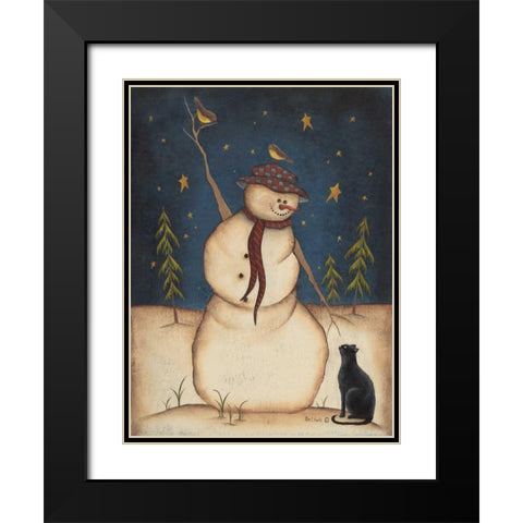 Snowman with Black Cat Black Modern Wood Framed Art Print with Double Matting by Lewis, Kim