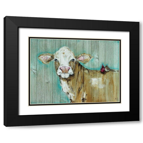 Cow and Bird Pals Black Modern Wood Framed Art Print with Double Matting by Strong, Molly Susan