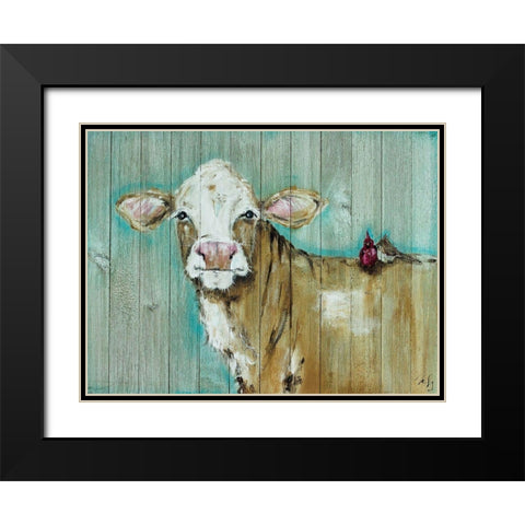 Cow and Bird Pals Black Modern Wood Framed Art Print with Double Matting by Strong, Molly Susan