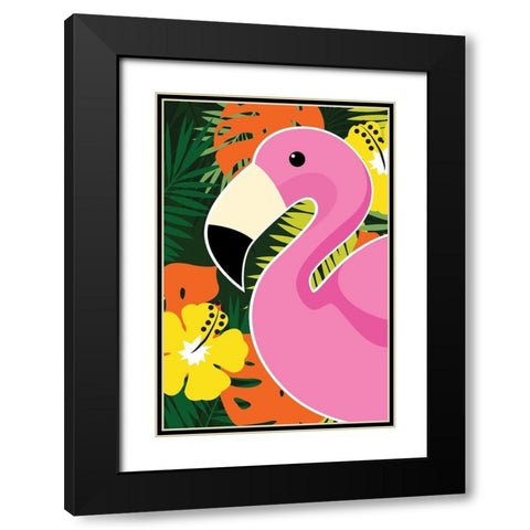 Tropical Flamingo Black Modern Wood Framed Art Print with Double Matting by ND Art and Design