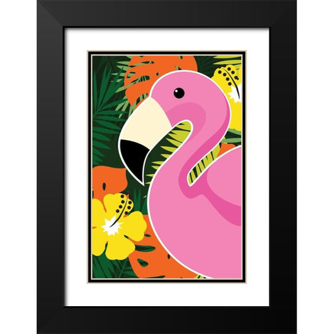 Tropical Flamingo Black Modern Wood Framed Art Print with Double Matting by ND Art and Design
