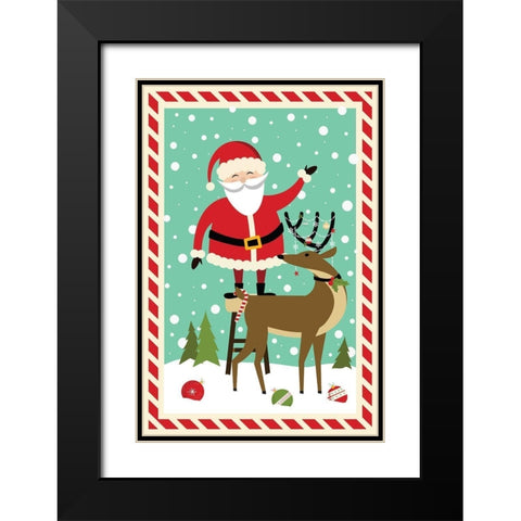 Santa and Reindeer Black Modern Wood Framed Art Print with Double Matting by ND Art
