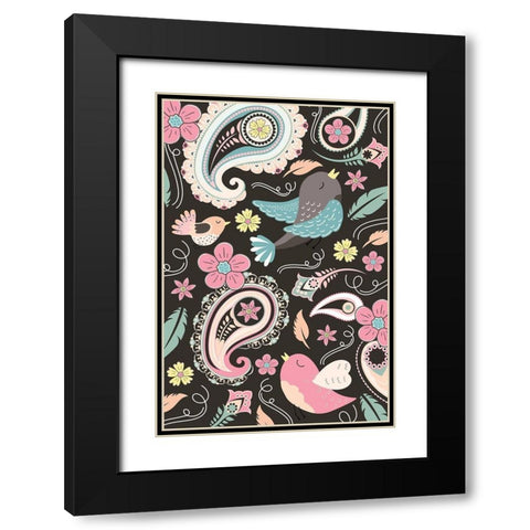 Birds Pattern Black Modern Wood Framed Art Print with Double Matting by ND Art