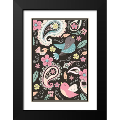 Birds Pattern Black Modern Wood Framed Art Print with Double Matting by ND Art