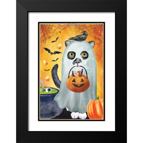 Ghost Cat Black Modern Wood Framed Art Print with Double Matting by ND Art