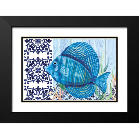 Blue Fish Black Modern Wood Framed Art Print with Double Matting by ND Art