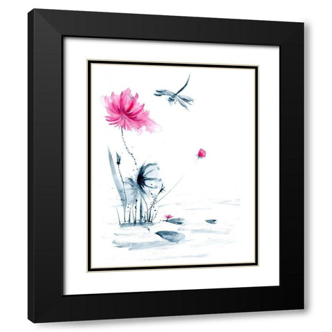 Pink Flower and a Lily Pad II Black Modern Wood Framed Art Print with Double Matting by Shefranov, Olga