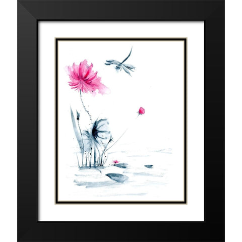 Pink Flower and a Lily Pad II Black Modern Wood Framed Art Print with Double Matting by Shefranov, Olga