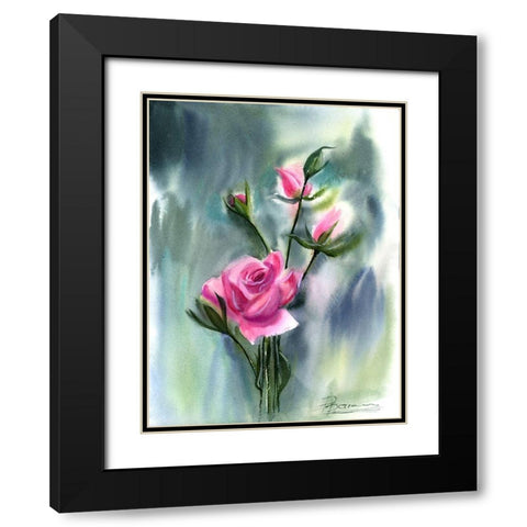 Pink Roses Black Modern Wood Framed Art Print with Double Matting by Shefranov, Olga