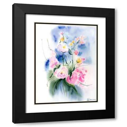 Pink Flowers Black Modern Wood Framed Art Print with Double Matting by Shefranov, Olga