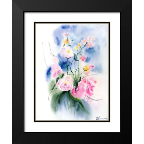 Pink Flowers Black Modern Wood Framed Art Print with Double Matting by Shefranov, Olga